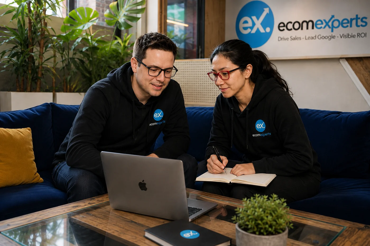 The EcomExperts team reviewing a plumbing SEO campaign together