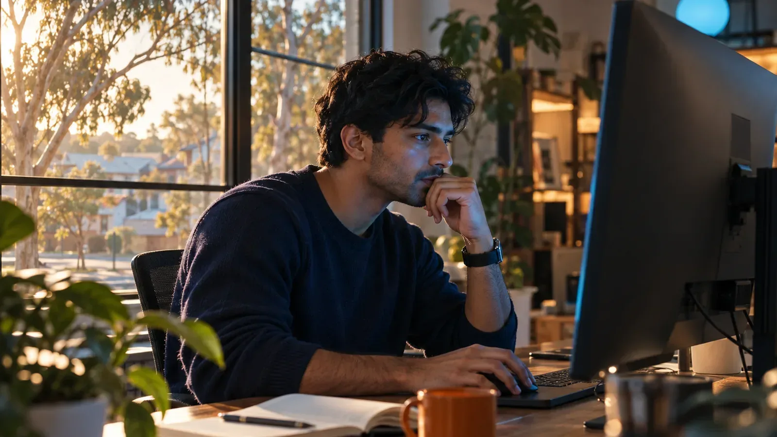 Young man lit by cyan glow of a monitor showing three glowing gauges, echoing Core Web Vitals metrics.