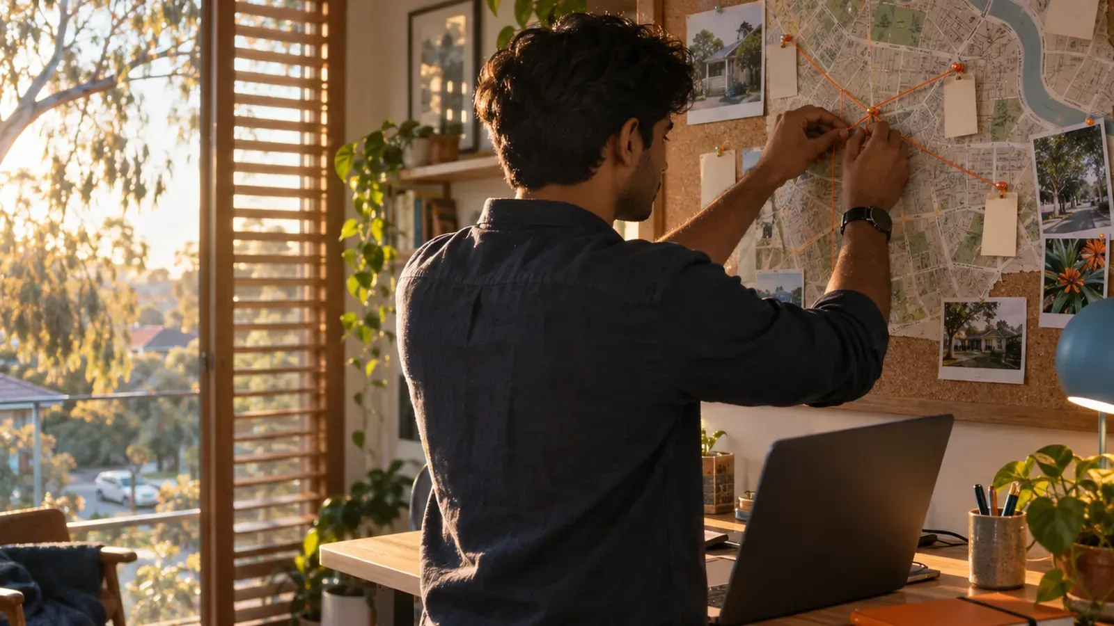 Strategist ties orange string between citation tags on a corkboard suburb map, symbolising quality local links.