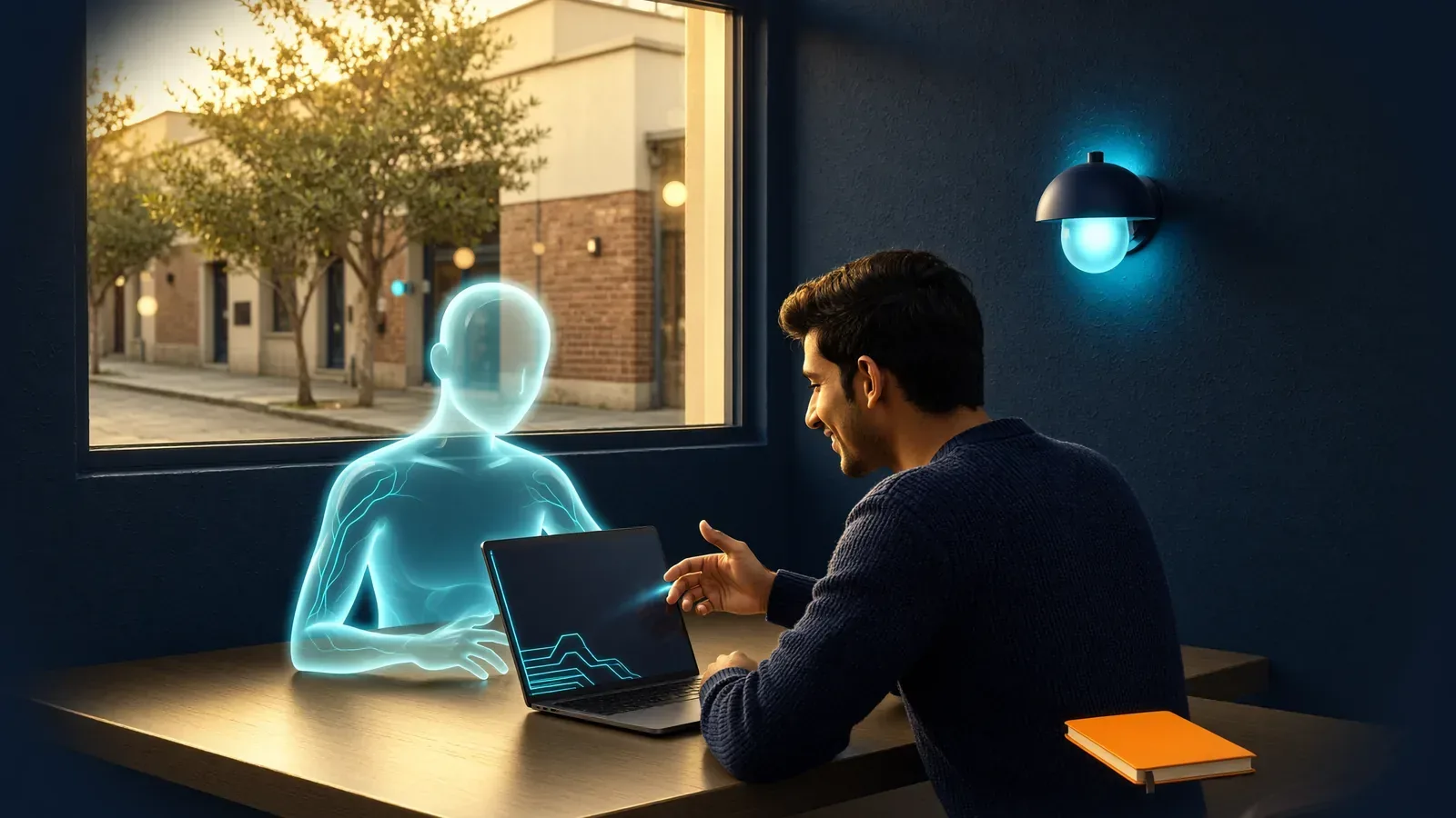 A developer and a glass AI assistant watch one coding thread fork into parallel agent lanes at a cafe table