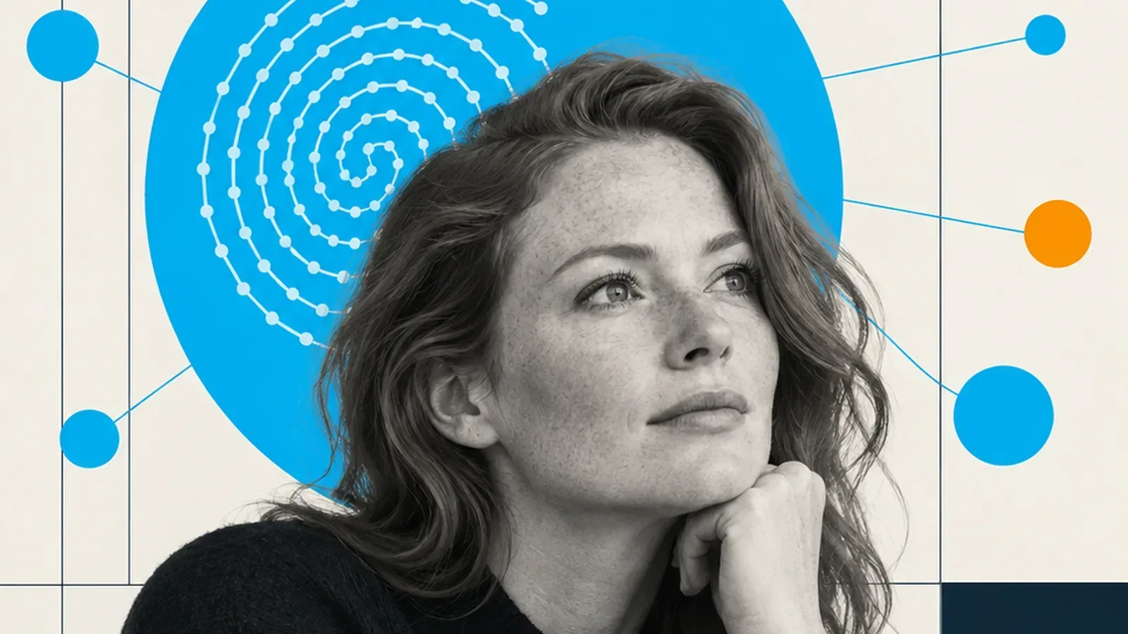 A fingerprint-like spiral of linked dots inside a cyan circle, a brand's unique entity identity in the knowledge graph.