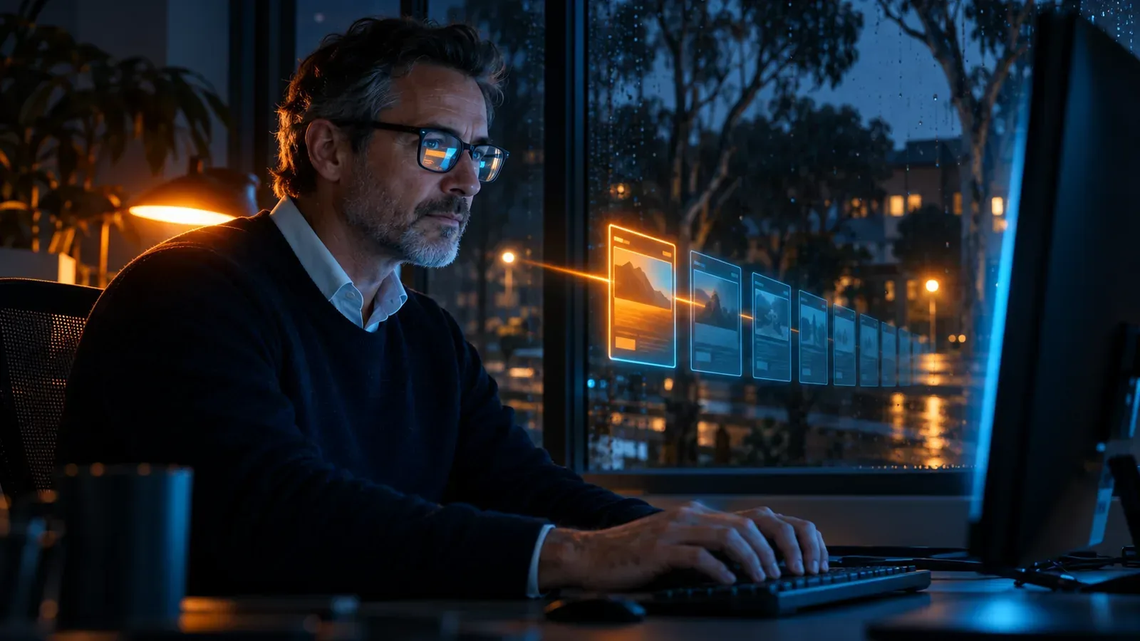 An SEO expert watches a glowing line of web pages fetched one by one, Googlebot's prioritised crawl queue.