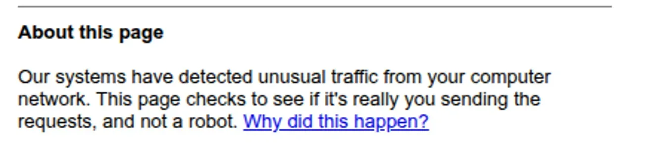 Google’s unusual-traffic page returned after one Playwright-launch search, with network-identifying details cropped out.
