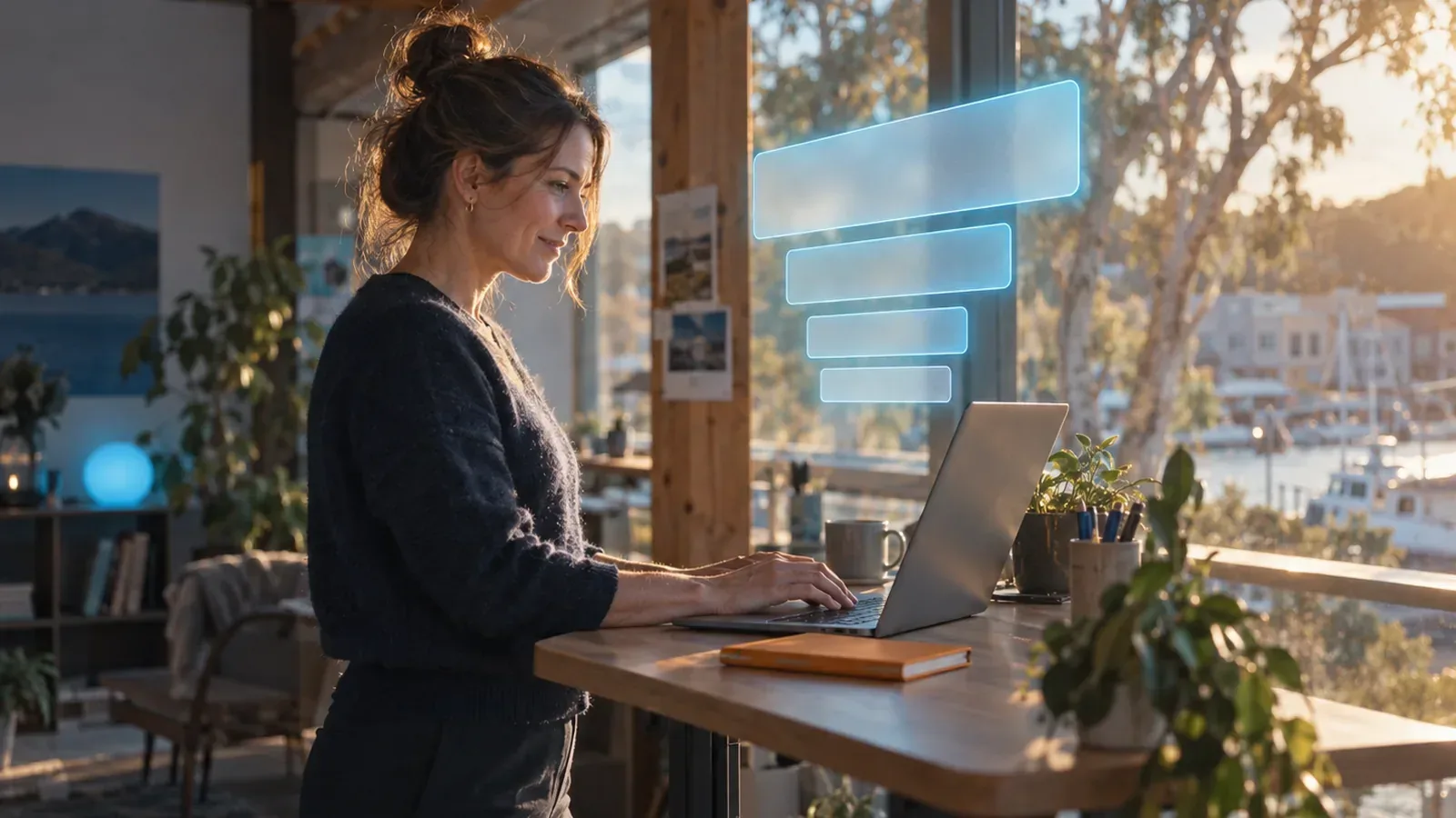Woman studying a glowing outline of nested glass panes, evoking heading hierarchy built for AI extraction.