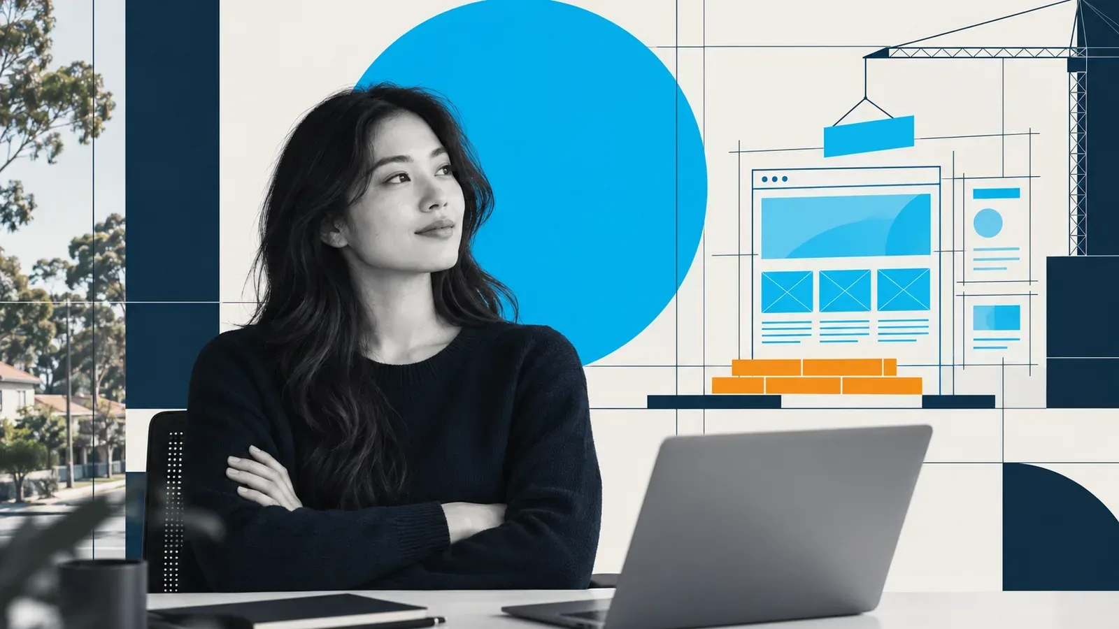 Swiss poster portrait with website page blocks rising from foundation bricks, symbolising a solid WordPress SEO base.