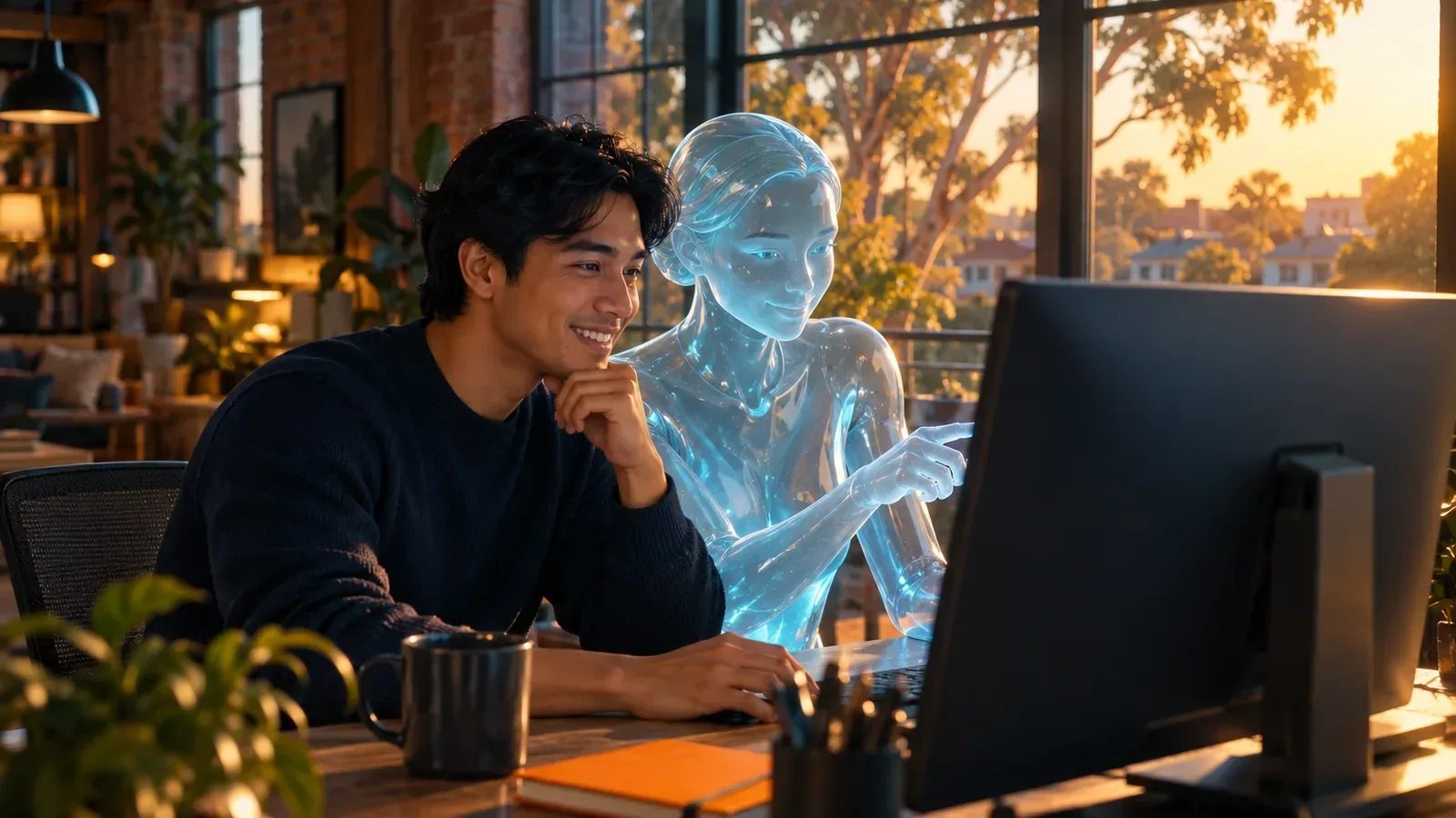 Man and glass AI assistant gating content at a glowing shield checkpoint, showing human approval in safe SEO automation.