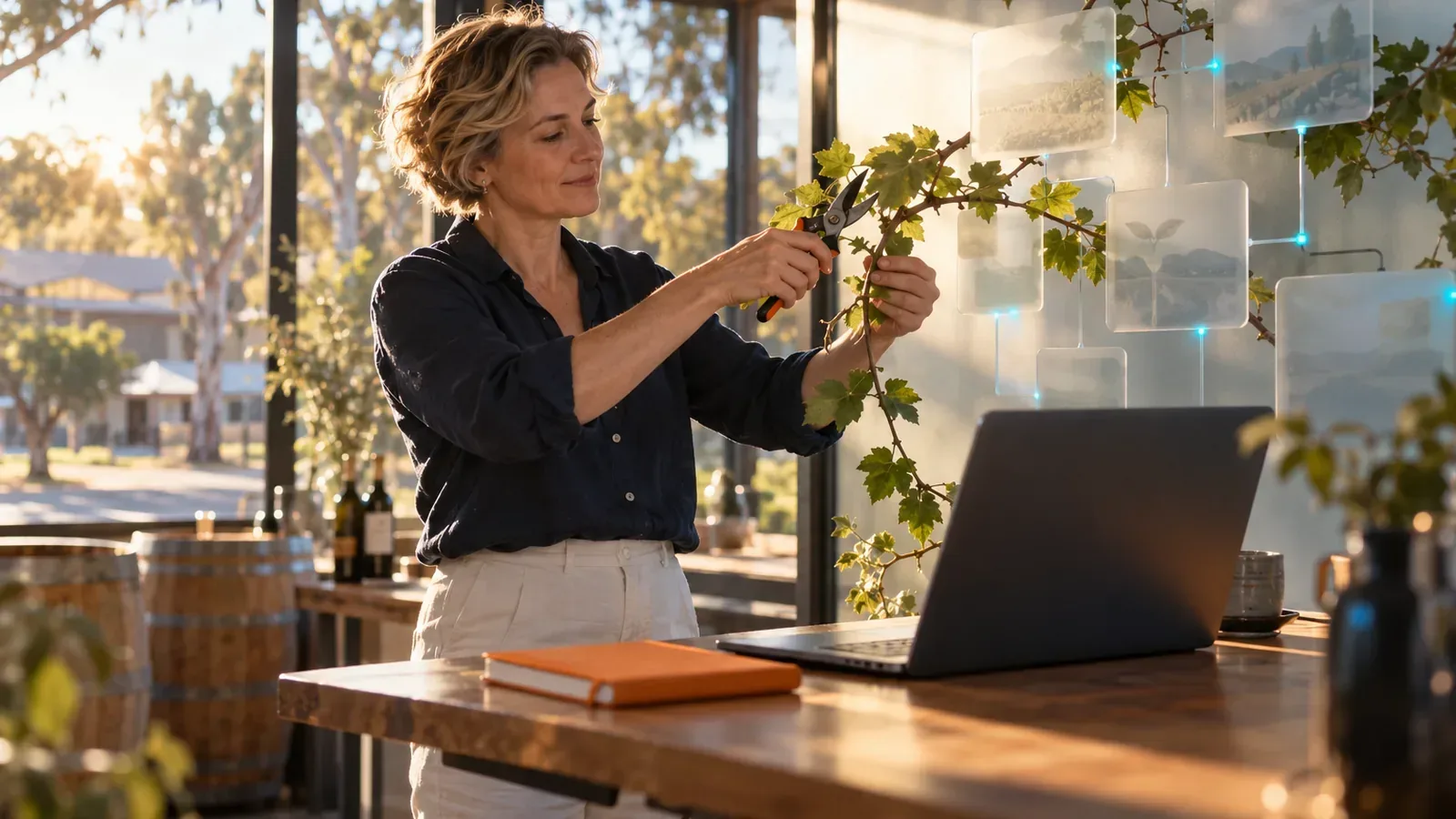 Woman at a winery office trims a branch growing from a map of linked pages, symbolising content pruning.