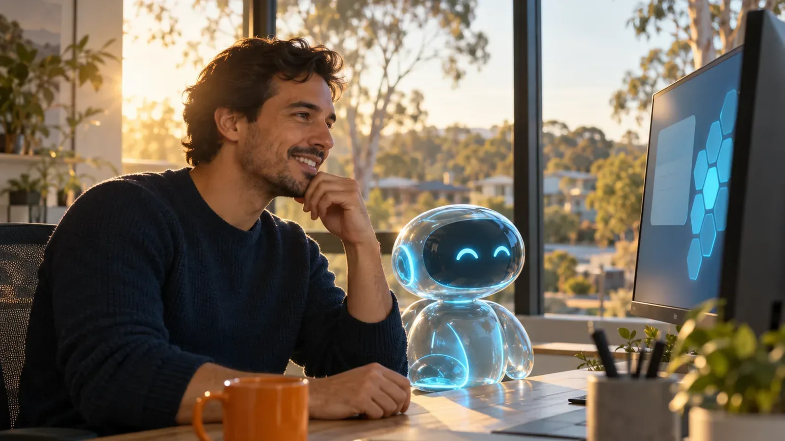 Man and glass AI companion at a screen where a note card fades beside a honeycomb of structured blocks.