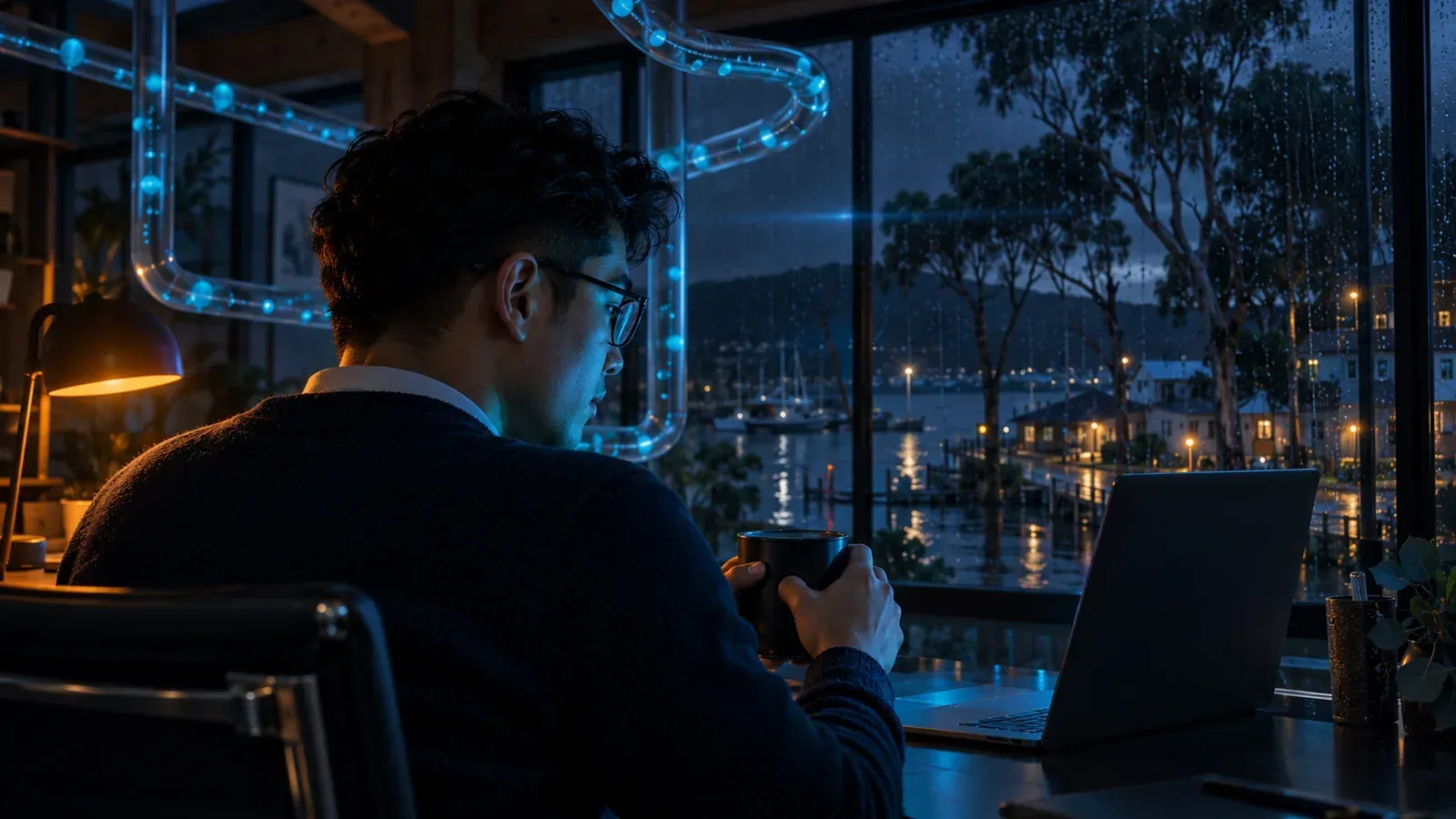 Young man at a laptop at night, cyan pipeline tubes streaming data beads, automating SEO audits.