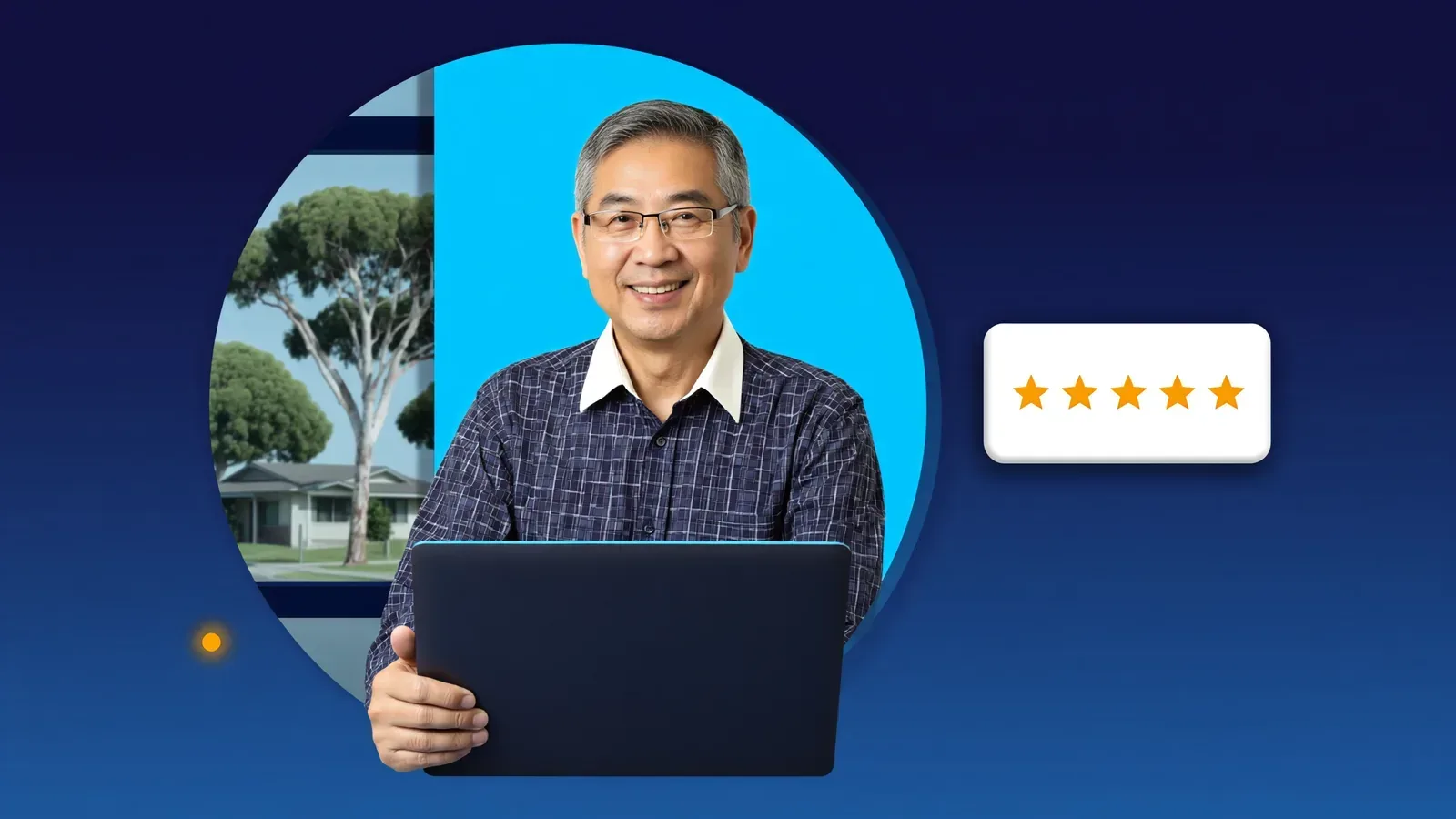 Five-star review card beside a confident local business owner, reviews and schema drive local rankings.