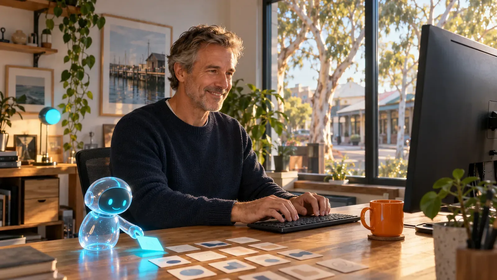 Man with desk AI companion choosing a card from tagged schema markup grid, symbolising markup that earns AI citations