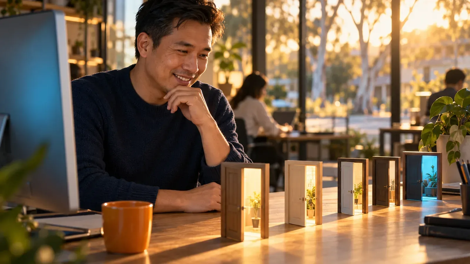Man at desk beside small glowing open doorways, symbolising brand presence across many search platforms