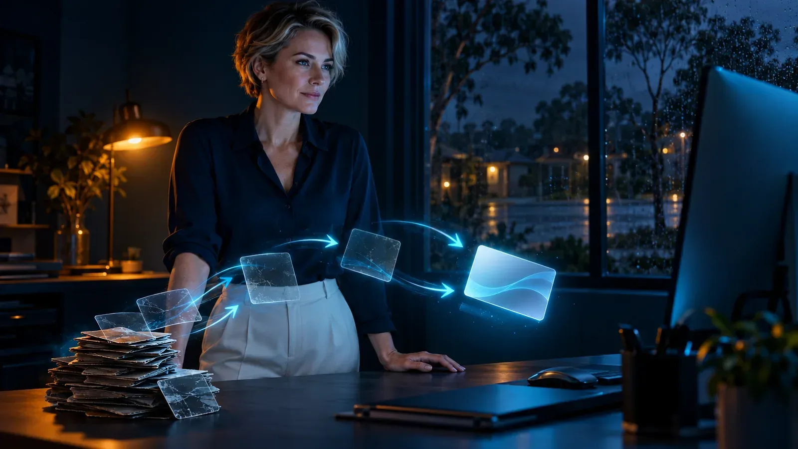 Woman at night guided by a glowing cyan arrow trail from old cards to new, symbolising safe URL redirect migration.