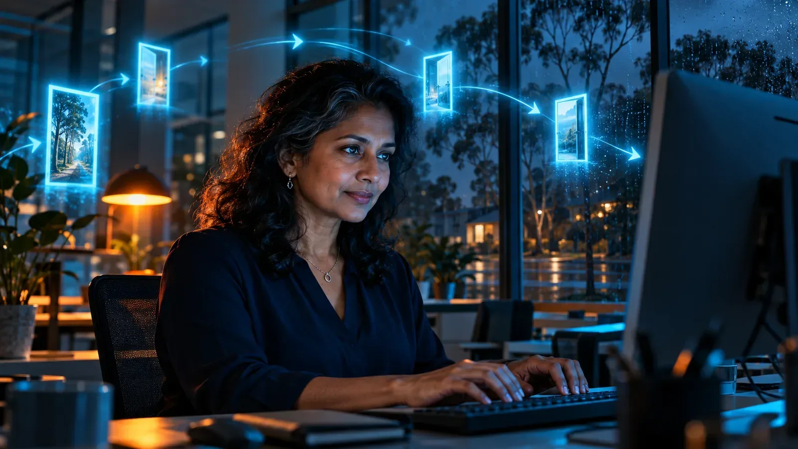 Canberra SEO specialist watches glowing arrows reroute between doorways, symbolising 301 redirects and link equity