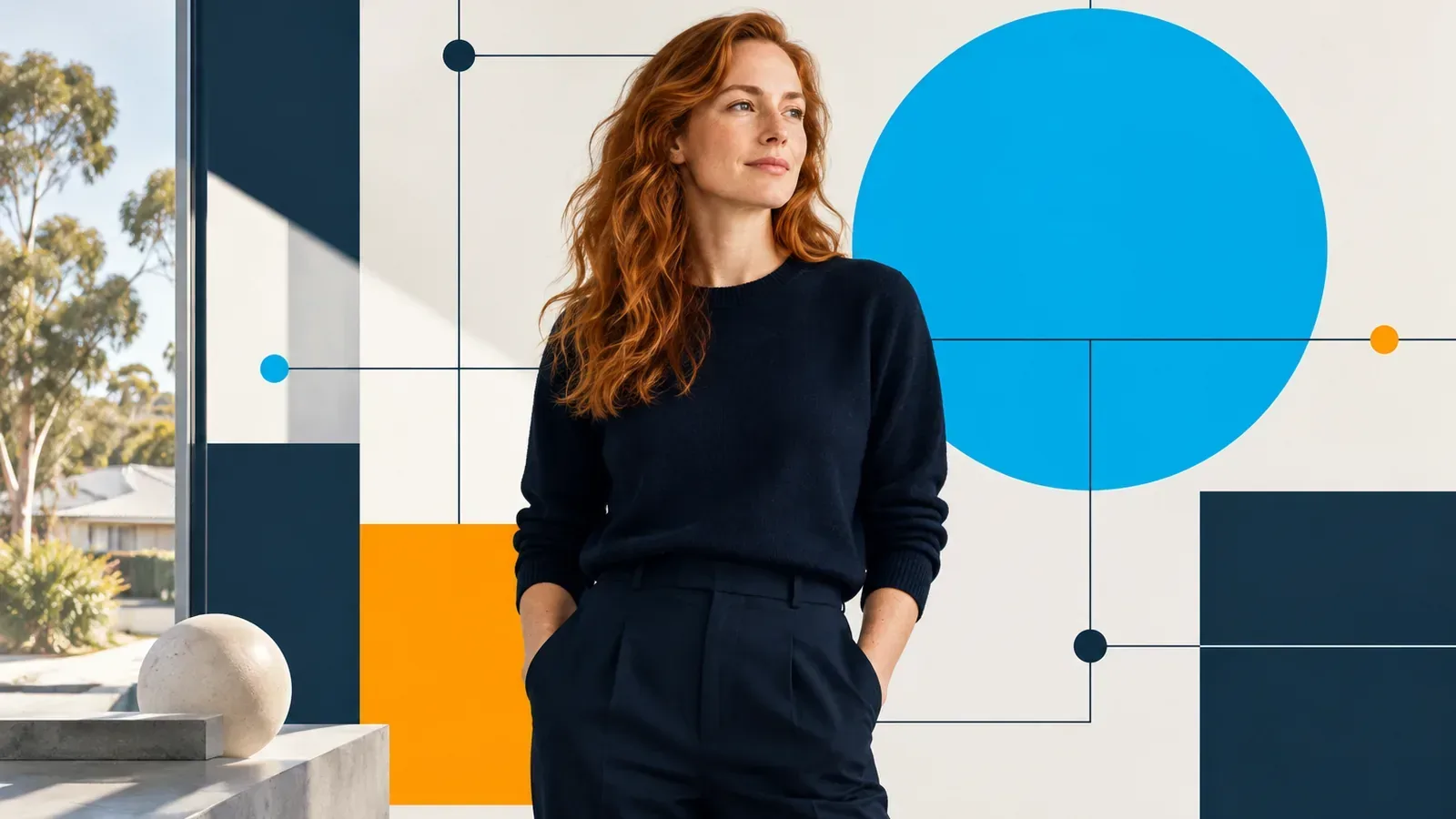 Poster portrait framed by circles routing to different blocks, visualising keyword intent mapped to page types