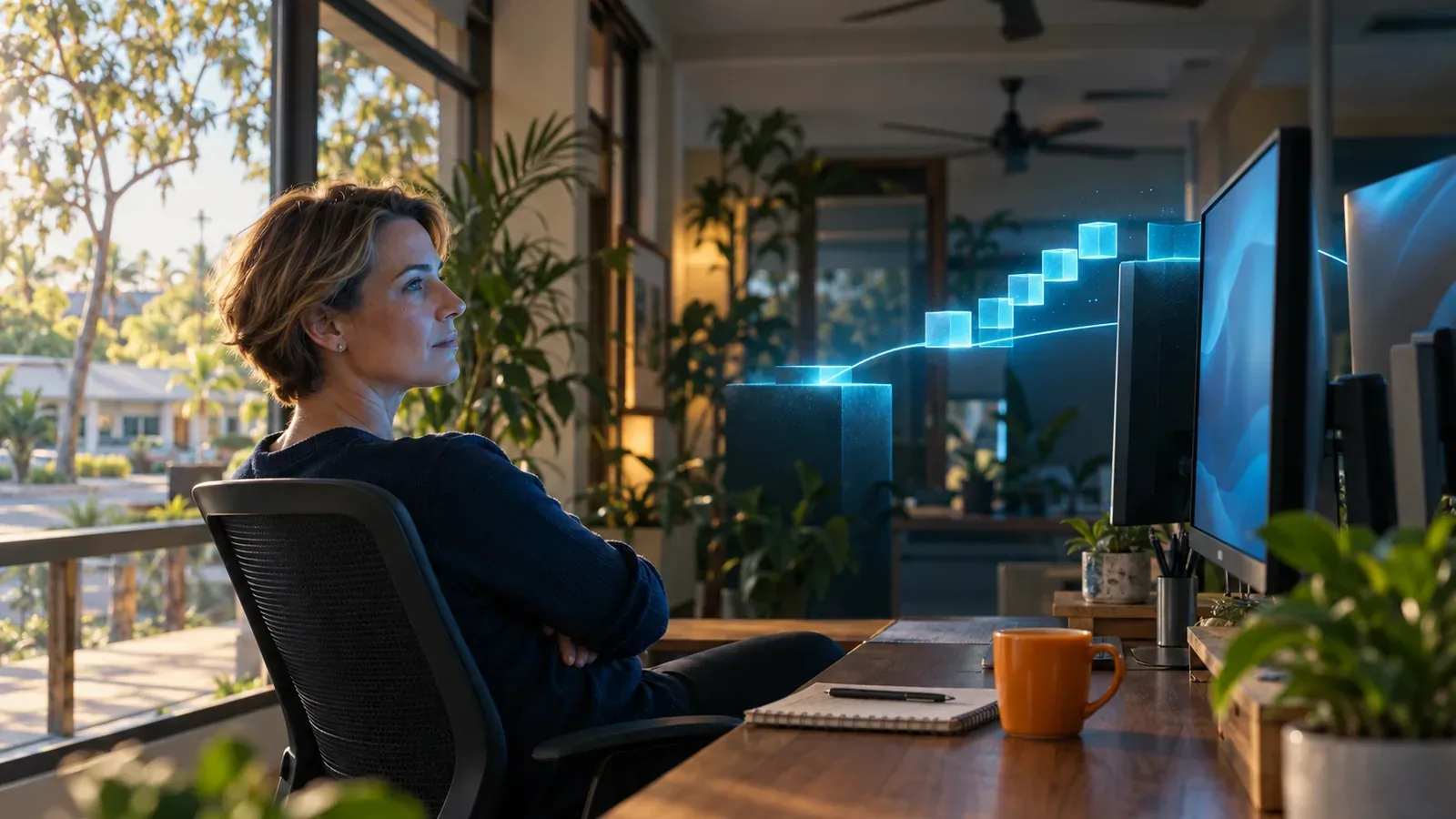 Darwin SEO lead reviews glowing blocks crossing a light bridge between platforms while a steady ranking line holds