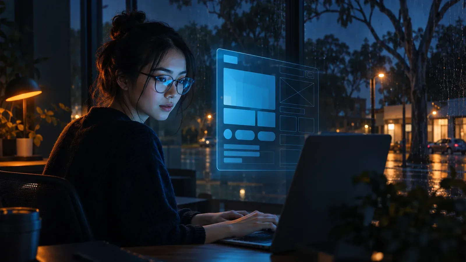 Glasses reflect a half-rendered web page, solid blocks fading into empty wireframe, JavaScript rendering for SEO.