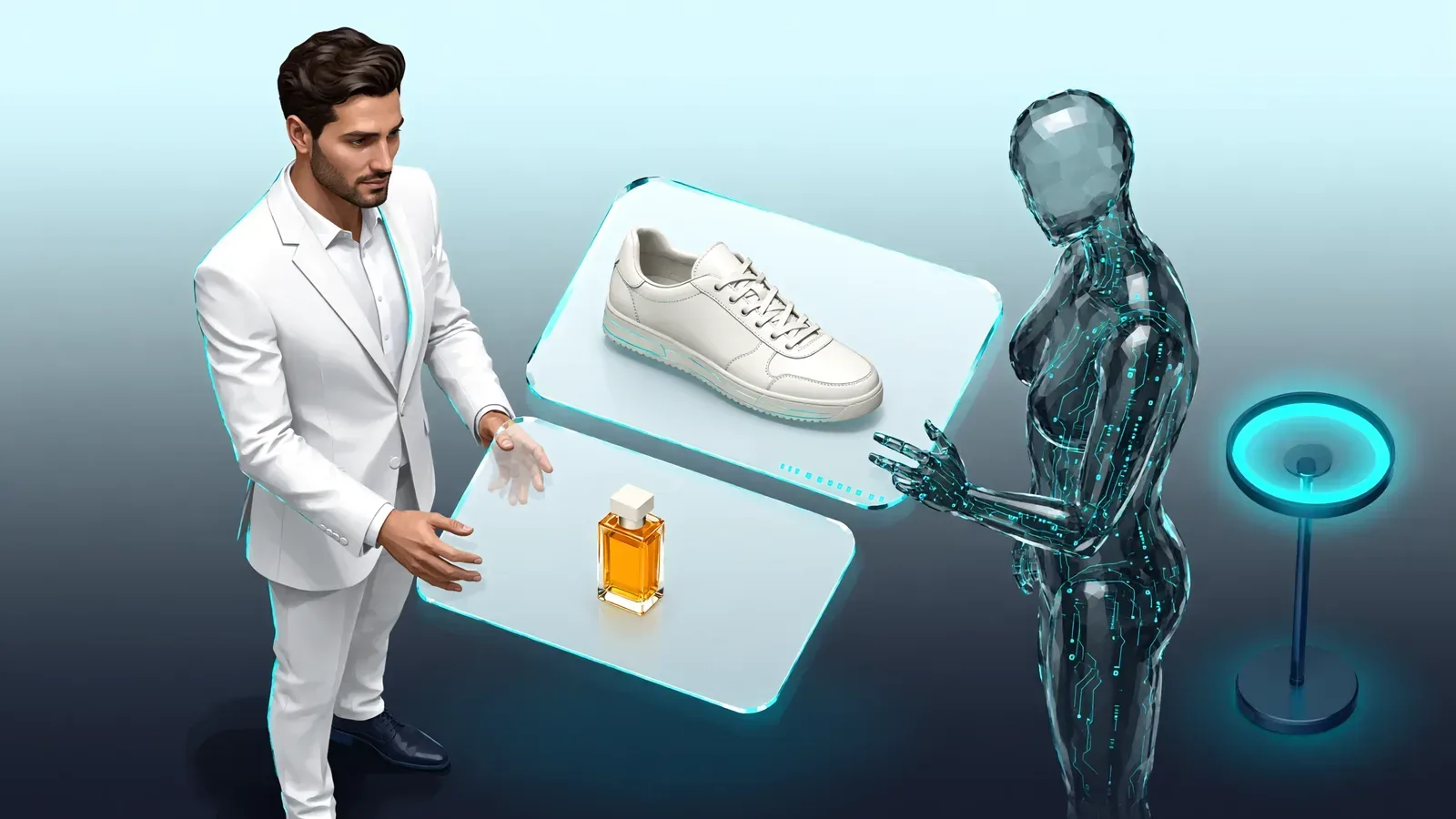 A retailer presents a product panel to a glass AI shopping assistant that reads its structured data, agentic commerce.
