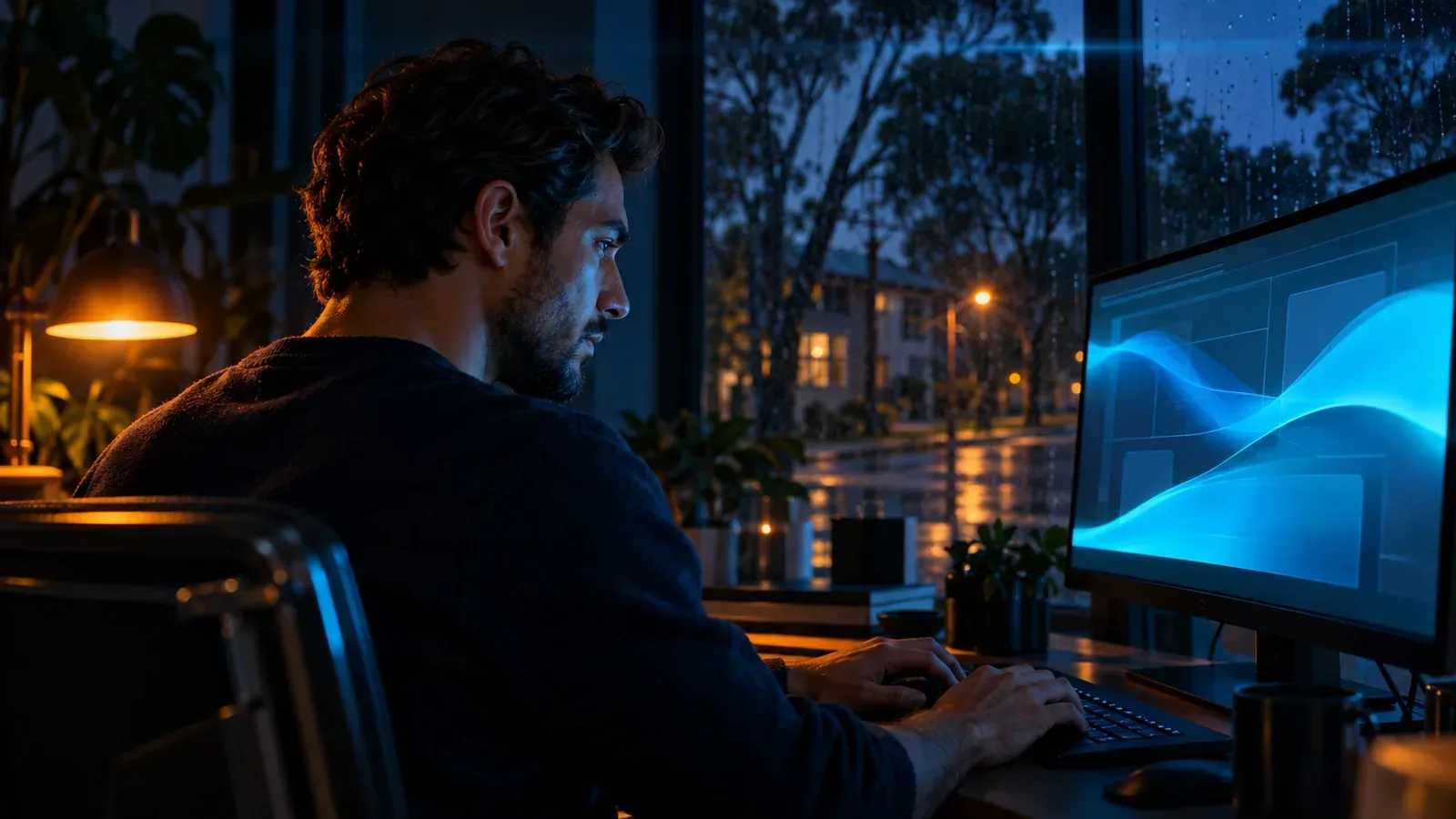 A man watches two waves of cyan light turn a skeletal page into fully rendered content, illustrating two-wave indexing.