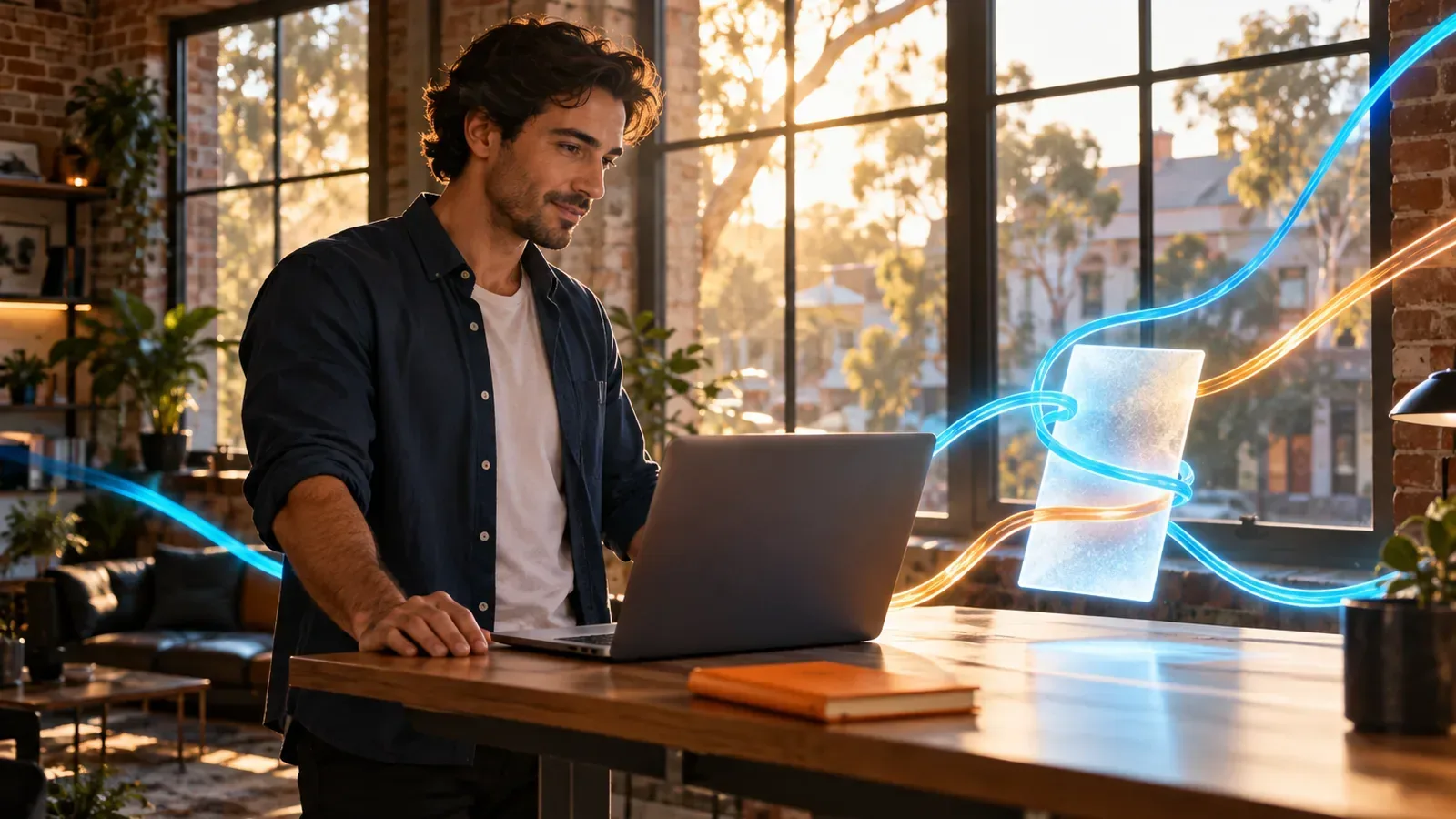 Man at a laptop as three glowing glass threads knot onto one frosted page, platform content feeding one owned hub.