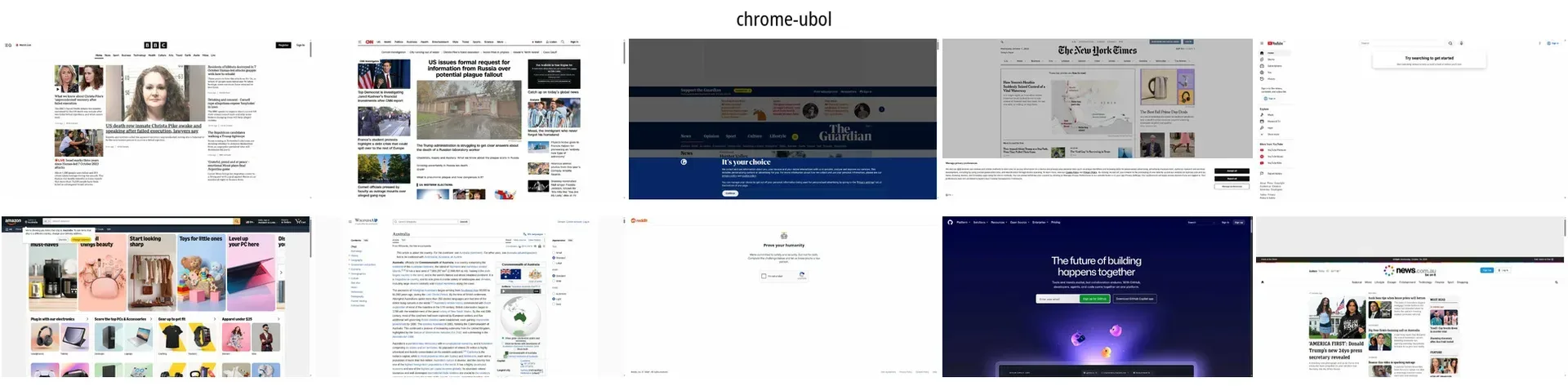 Contact sheet showing the same ten benchmark sites in Chrome with uBlock Origin Lite.