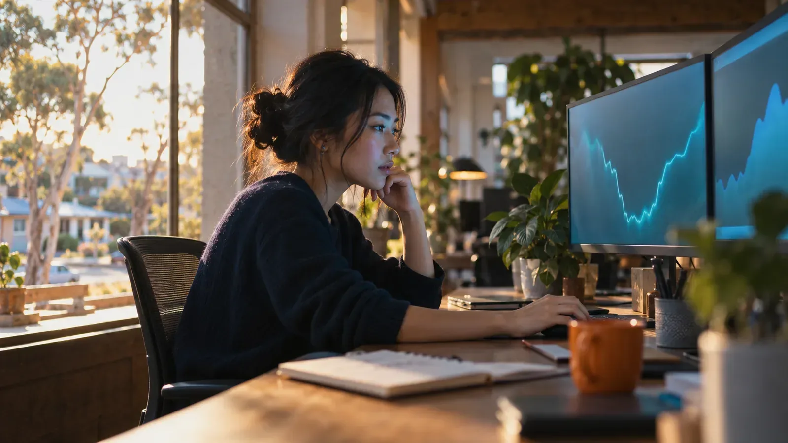 Woman tracing a plunging line chart that climbs back on side-on monitors, diagnosing a ranking drop.