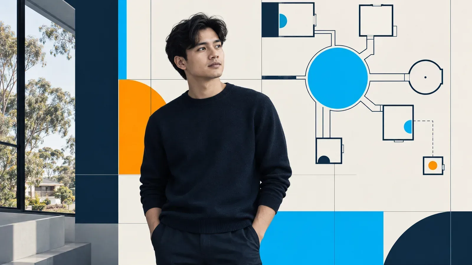 A portrait framed by a blueprint of linked rooms with one stranded outside, echoing internal link architecture.