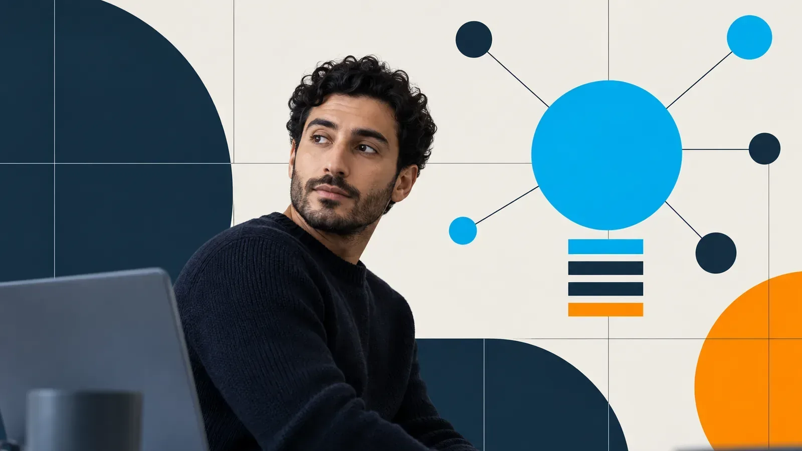Portrait framed by an entity map of linked circles and heading bars, on-page SEO structure at a glance.