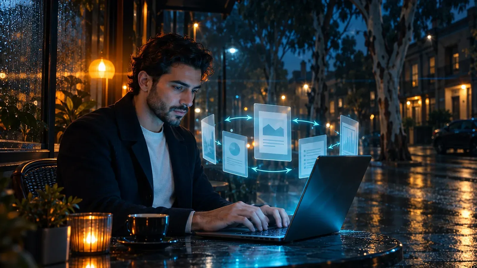 A man at a night cafe studies page cards in different languages linked by two-way arrows, evoking hreflang clusters.