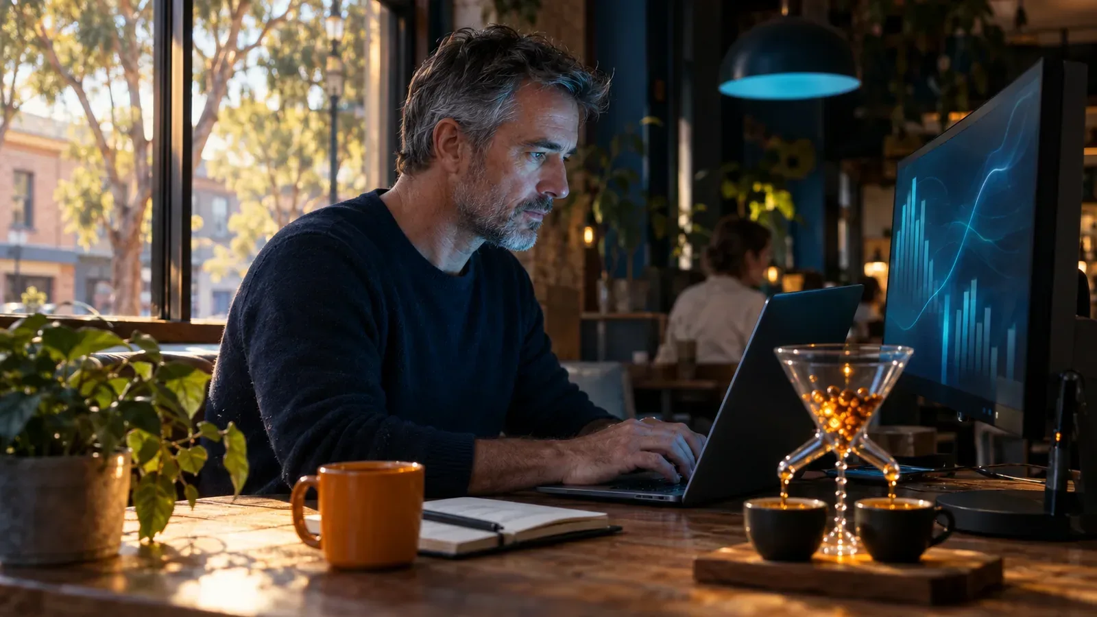 Analyst measures attribution as a glass funnel splits glowing amber beads into two espresso cups beside a laptop.