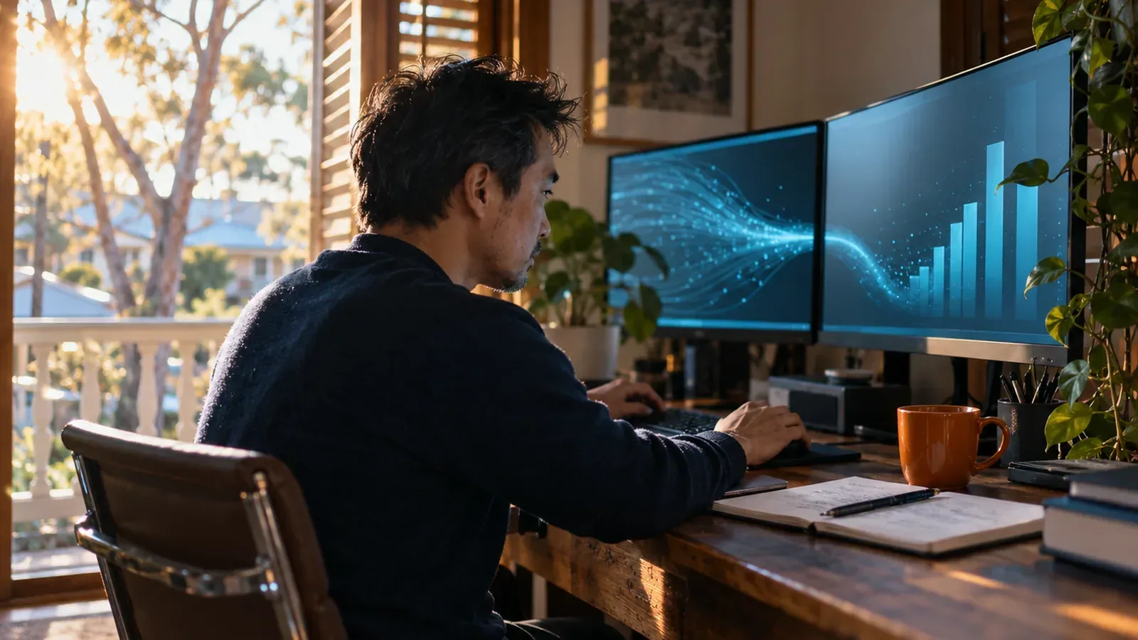 Rivers of query data pour between a Brisbane analyst's monitors, visualising BigQuery bulk GSC export analysis.