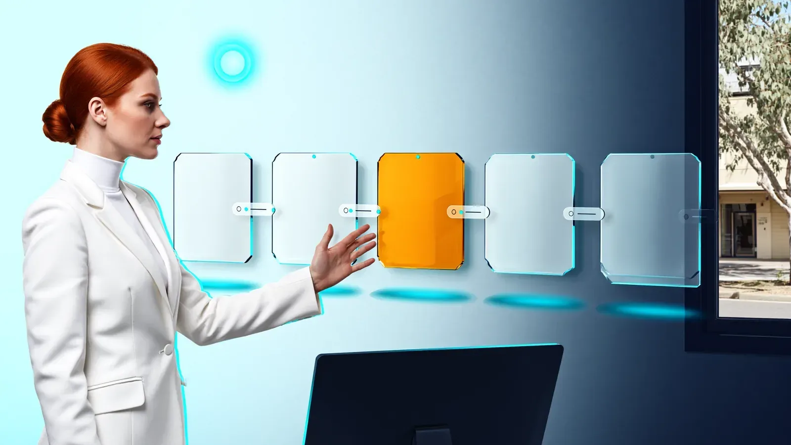 Stylish woman aligning floating glass product-feed panels, one orange panel locking into a matched row.