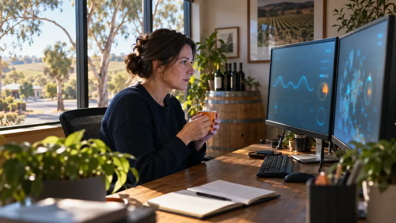 Woman checking cyan screens showing a site health pulse trace and gauges for a weekly Search Console routine
