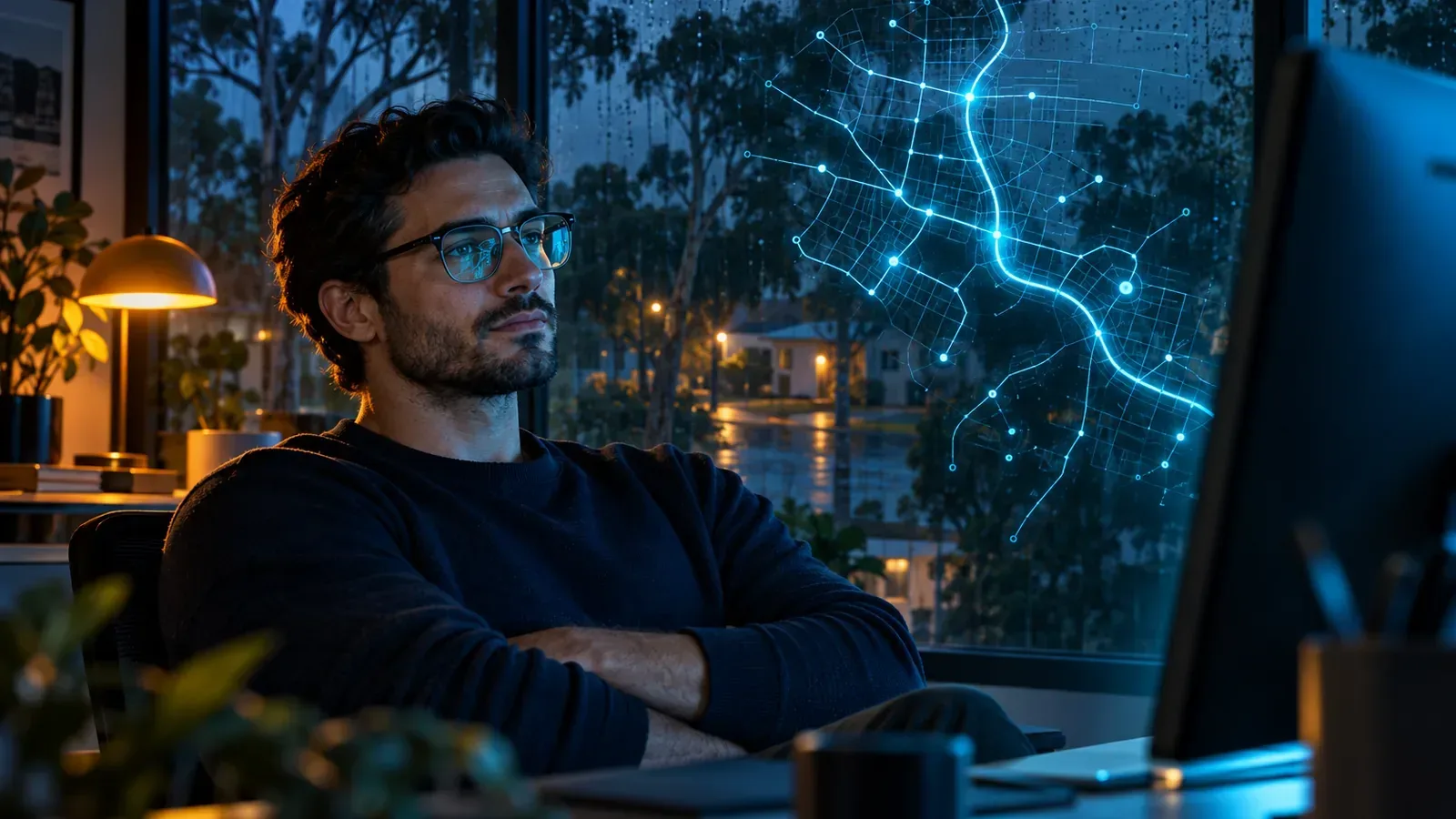 Night portrait with a glowing route map of clean branches and dead ends, echoing a tidy XML sitemap guiding crawlers.