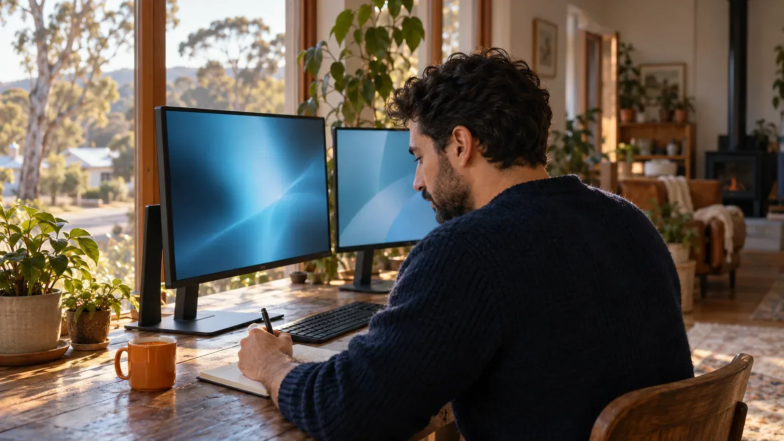 Man reviewing cyan-lit screens with light rays leaving pages but none returning, like click-free AI visibility reports