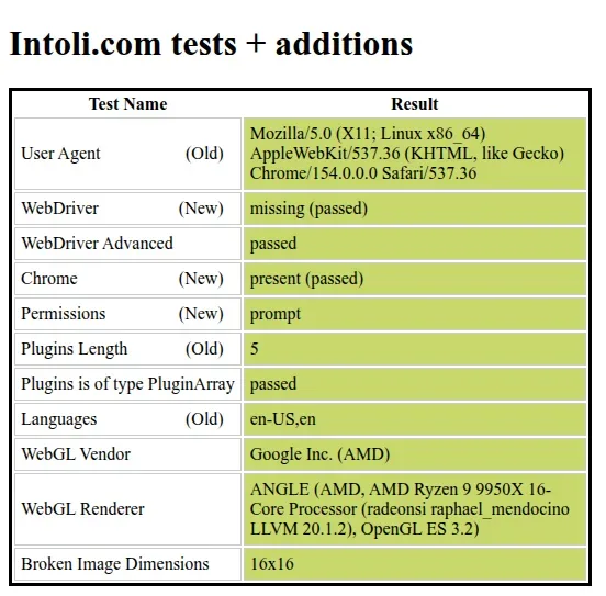 Sannysoft test table showing passed WebDriver checks and a real GPU renderer in clean Chrome.