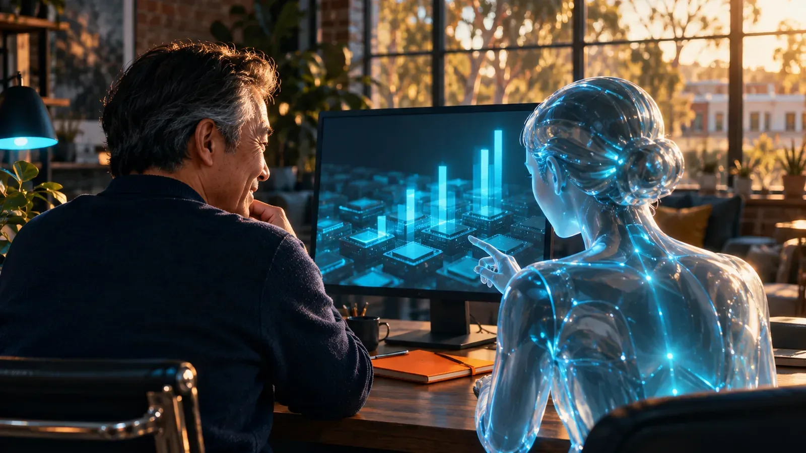 A man and a glass AI assistant watch CPU load bars rise over memory chips inside a headful browser.