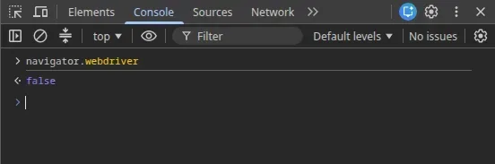 Chrome DevTools console returning false for navigator.webdriver in a fixed-port session.