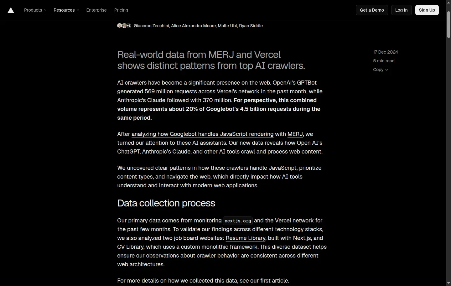 Screenshot of Vercel’s AI crawler article and its discussion of JavaScript rendering.