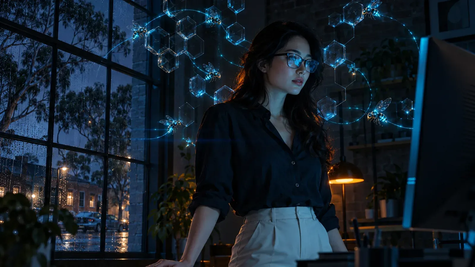 Woman in a Melbourne warehouse studio lit by cyan light, watching glass crawler-bees chart paths across a glowing honeycomb.