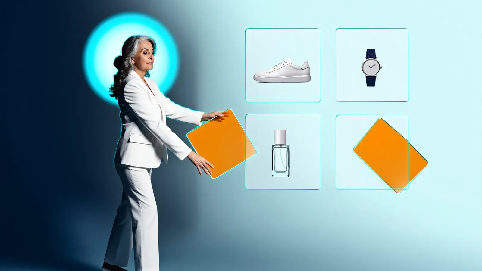Floating product panels align into a tidy grid, evoking a well-optimised ecommerce category page layout.