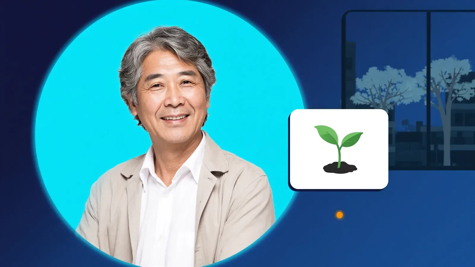 Cheerful man beside a card showing a seedling growing from soil, evoking recovery after a core update.