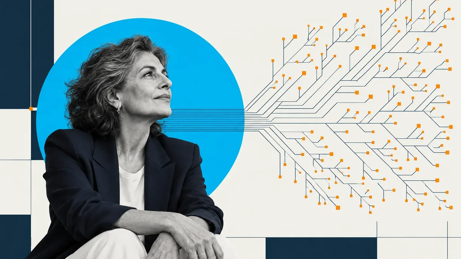 Woman's portrait beside a tree of orange squares branching from a cyan circle, evoking pages built at scale.