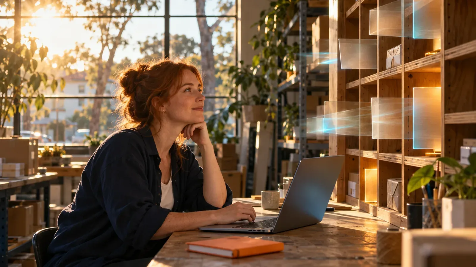 A woman in a sunlit warehouse watches glass pages fill glowing pigeonhole shelves, evoking selective indexing.