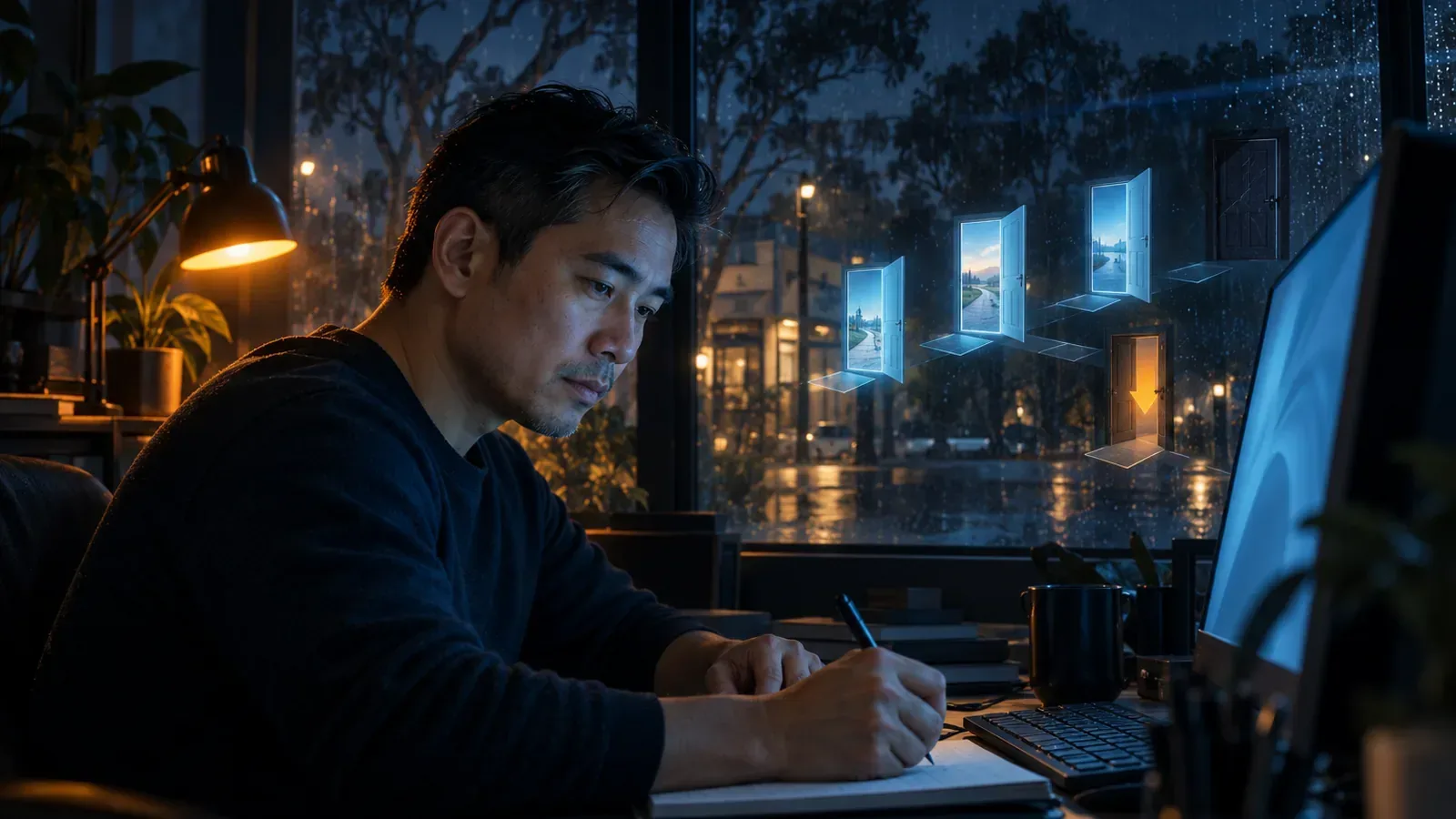 A man at a night workspace beside glowing doorways that open, redirect or stay sealed, mirroring HTTP status codes.
