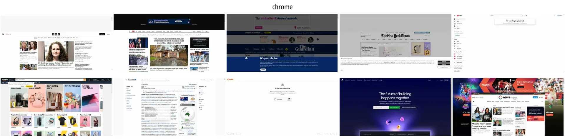 Contact sheet of the ten original Chrome benchmark tabs, including news, shopping, video and developer sites.
