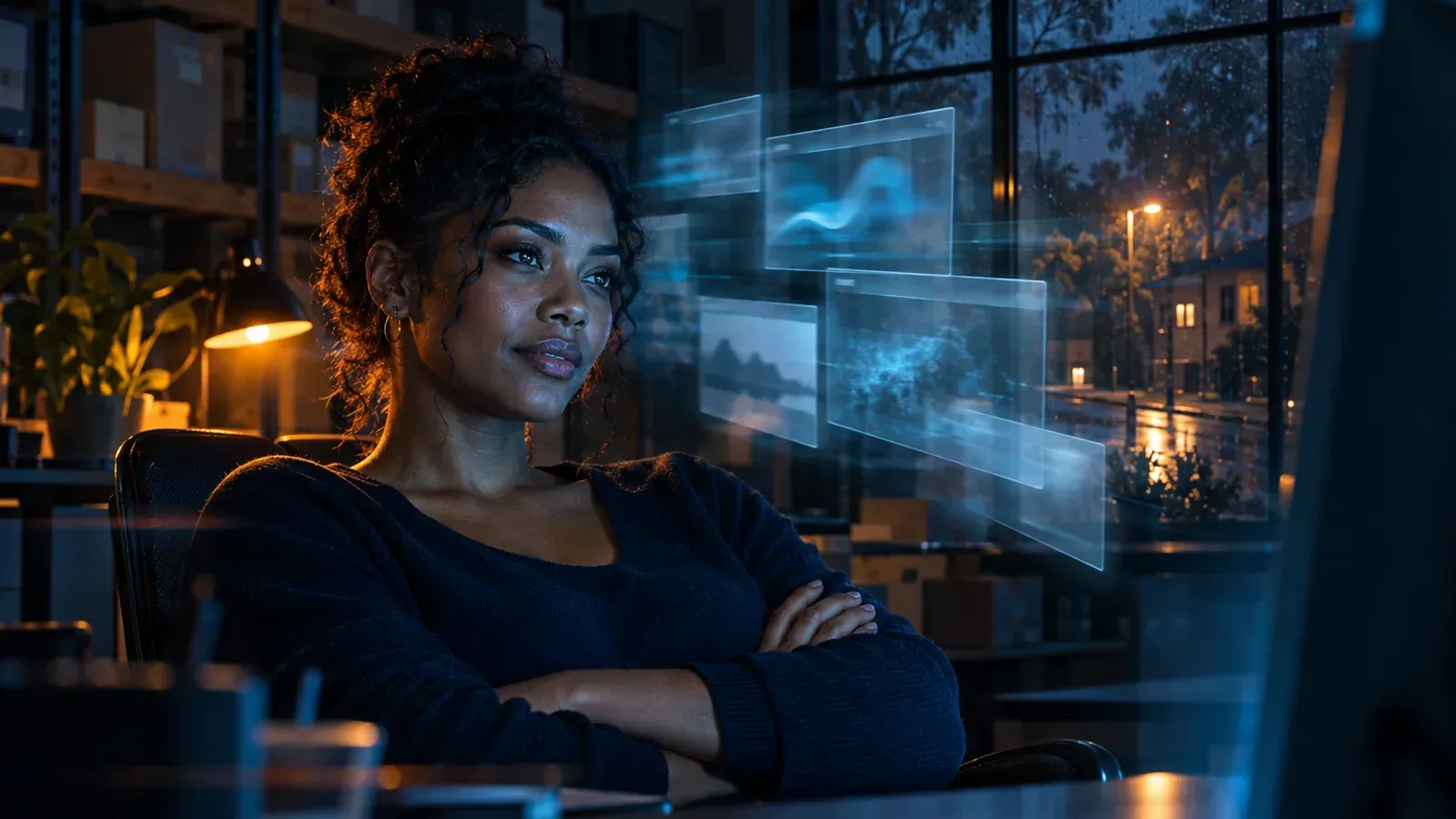 Close-up of woman lit by cyan monitor light with ghost browser panels dissolving, evoking undetectable SERP scraping