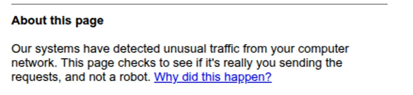 Google’s unusual-traffic page returned after one Playwright-launch search, with network-identifying details cropped out.