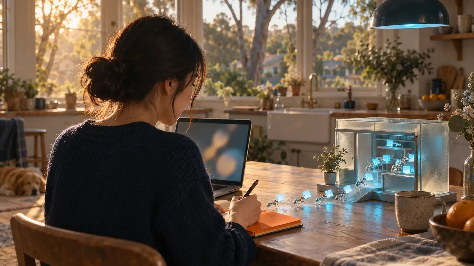 Glowing glass ants deliver light-cards to a miniature shopfront, filling a Google Business Profile field by field.