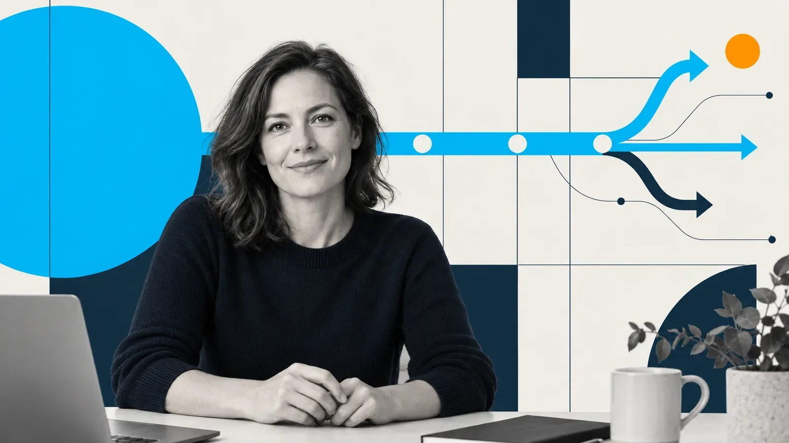A portrait framed by a wayfinding diagram of one bold main path with branch arrows, echoing semantic HTML nav markup.